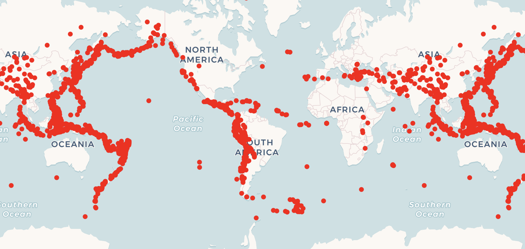 A map of the globe with red points representing earthquake locations.